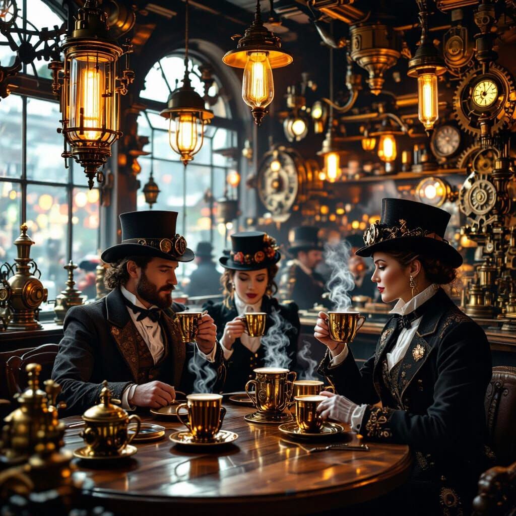 Steampunk Cafe at Night with Victorian Patrons