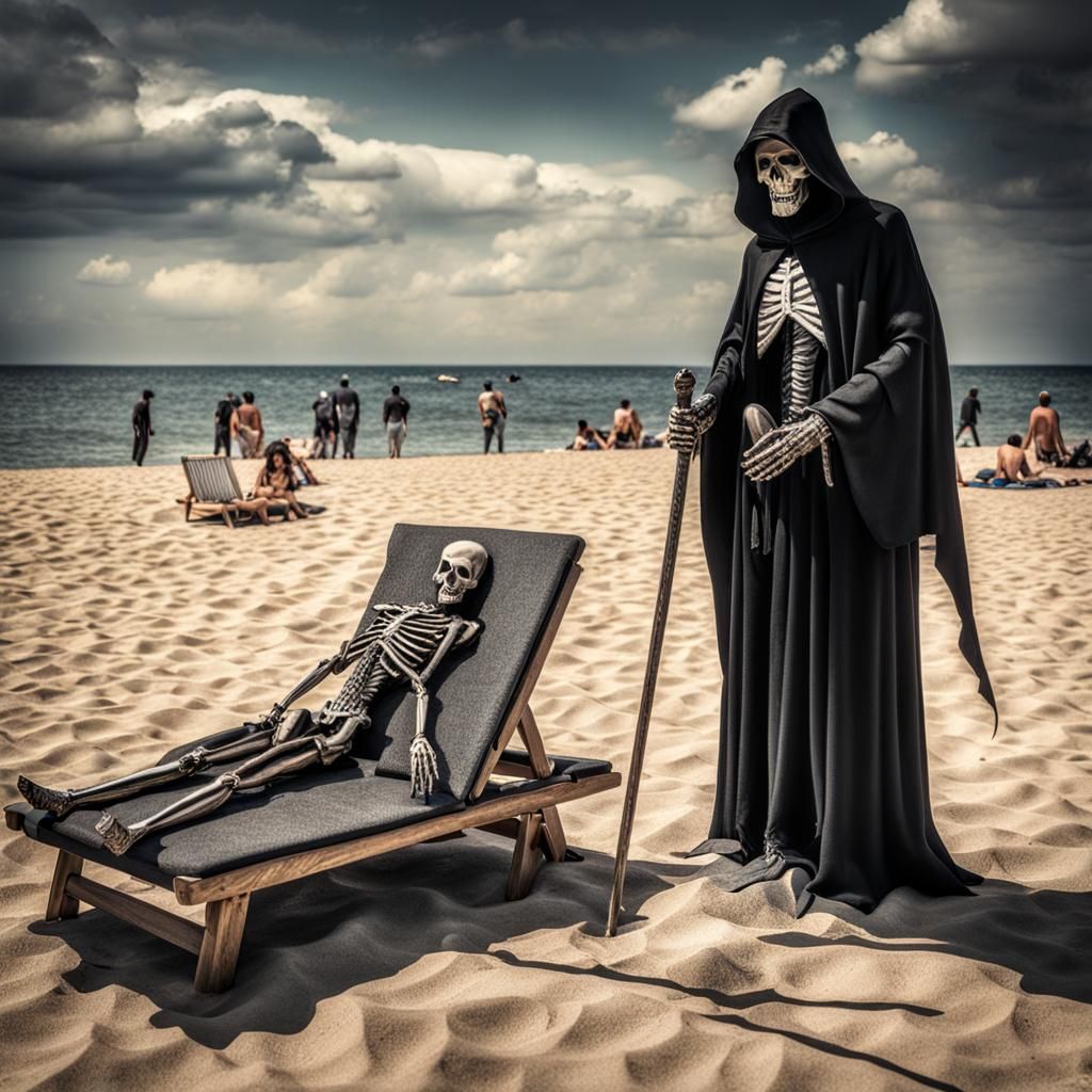grim reaper on holiday with people sunbathing