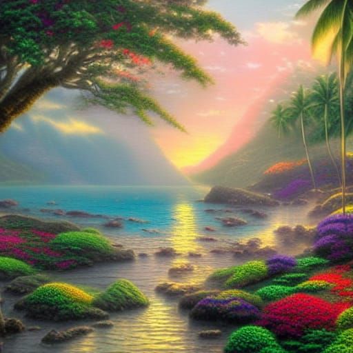Ethereal Hyperdetailed Hawaiian Fantasy in Kinkade Style