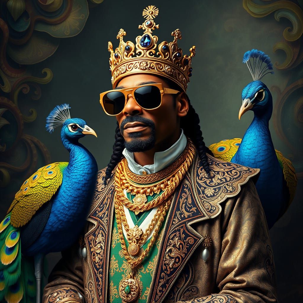 Regal Rapper Beside Majestic Peacock in Fantasy Realm