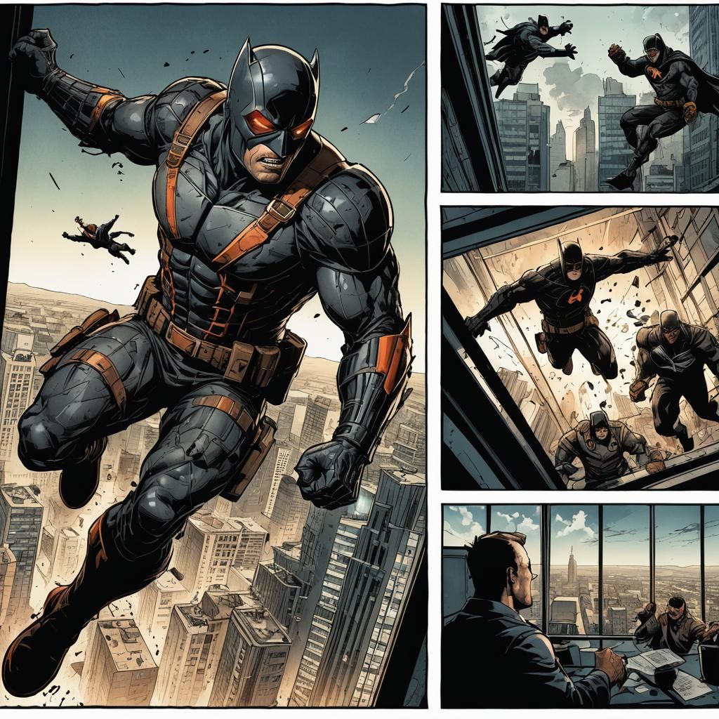 Four grid storyboard of comic book hero vigilante hanging fr...