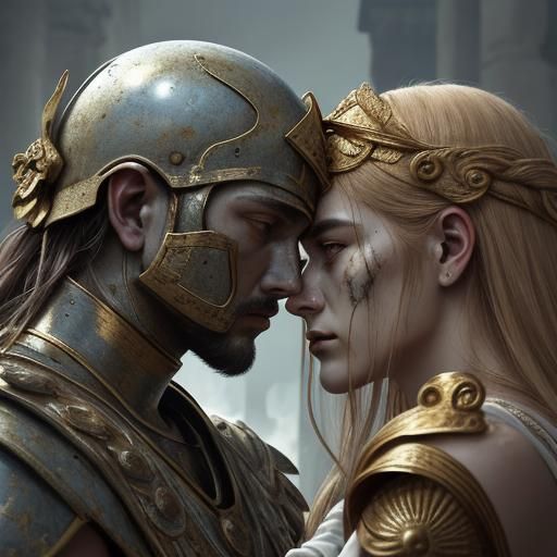 Surrealist Embrace: Ancient Couple in War-Torn City