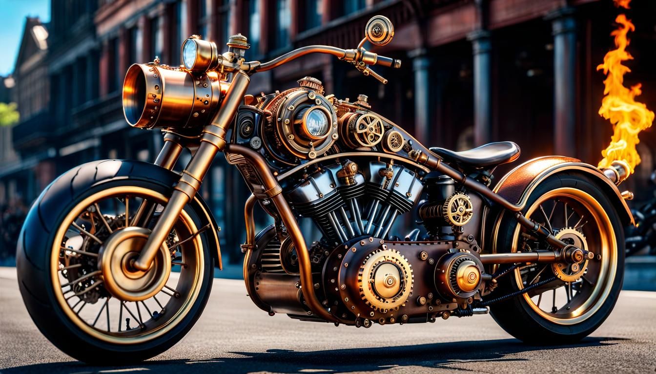 Steampunk Motorcycle with Burning Wheels in Dieselpunk Style