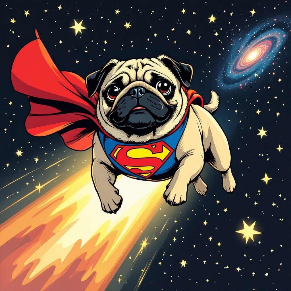 Superman Pug Soars Through Starry Outer Space