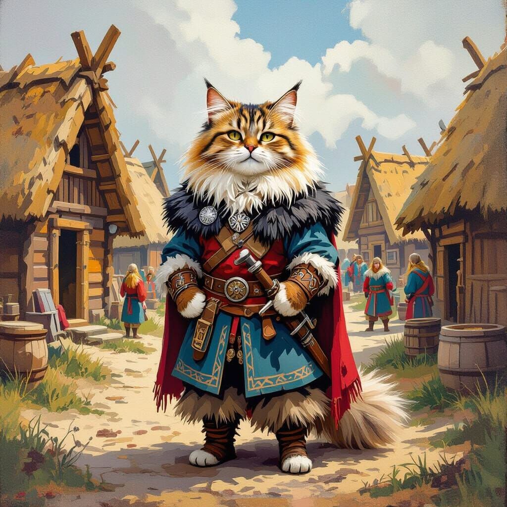 Fluffy cat in Viking warrior attire, standing proudly in a b...
