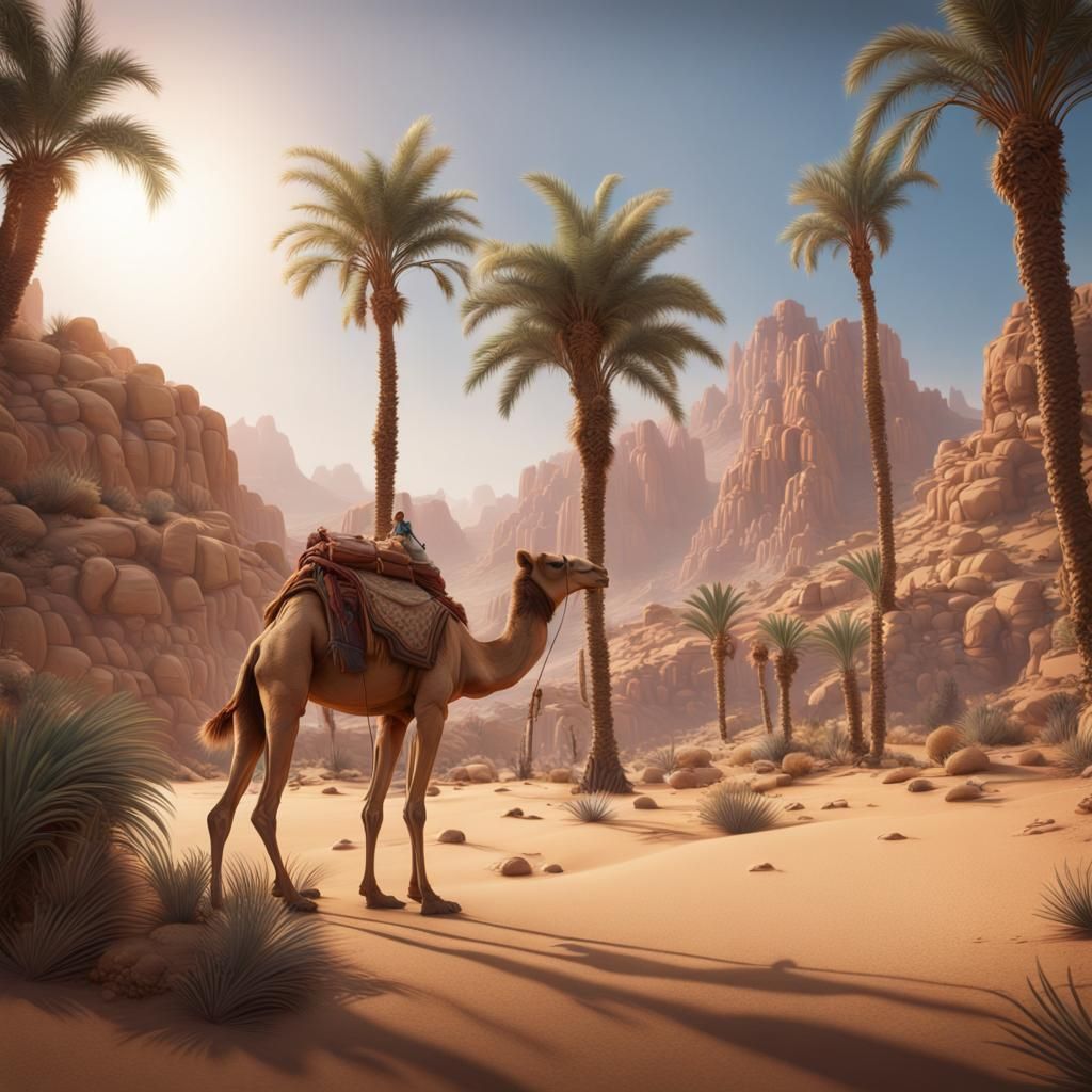 Desert Oasis: Palm Tree and Camel in Matte Painting Style