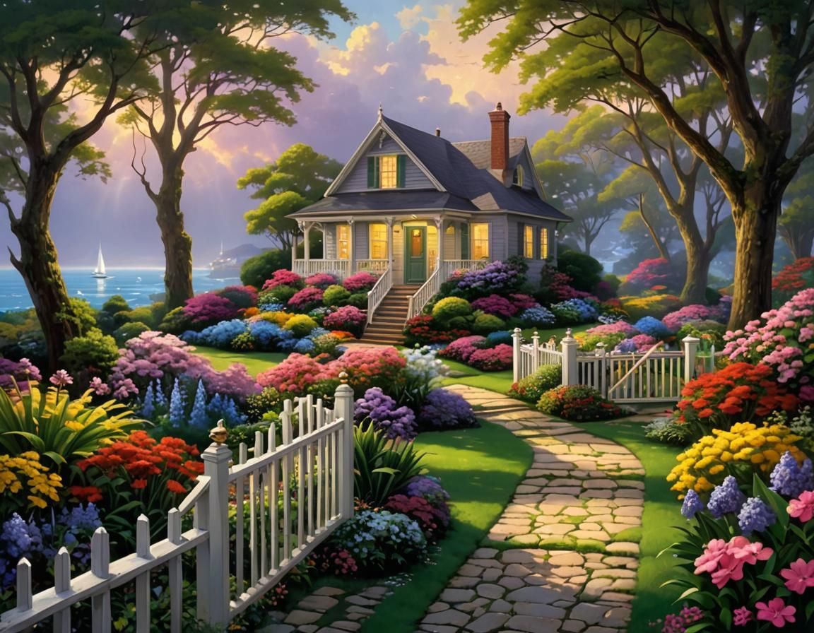 Serene Garden Scene with Lighthouse in Kinkade Style