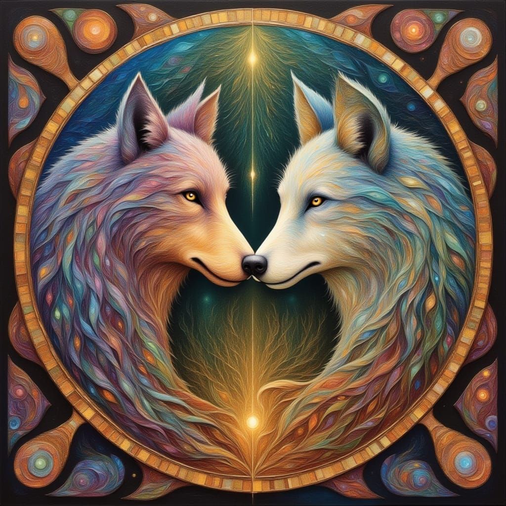 Wolves Forming Yin Yang Symbol with Geometric Design
