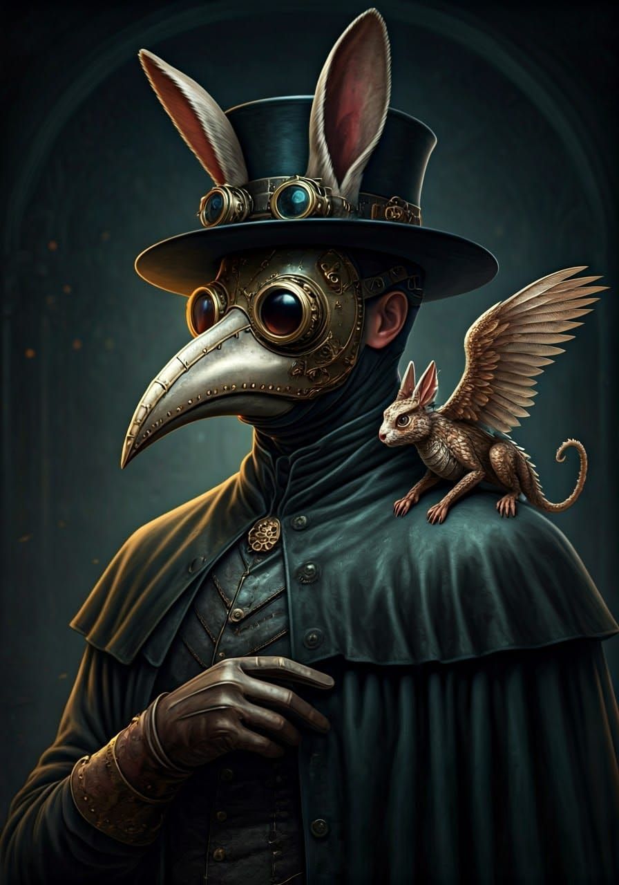 Steampunk Plague Doctor with Majestic Rabbit-Dragon Companio...
