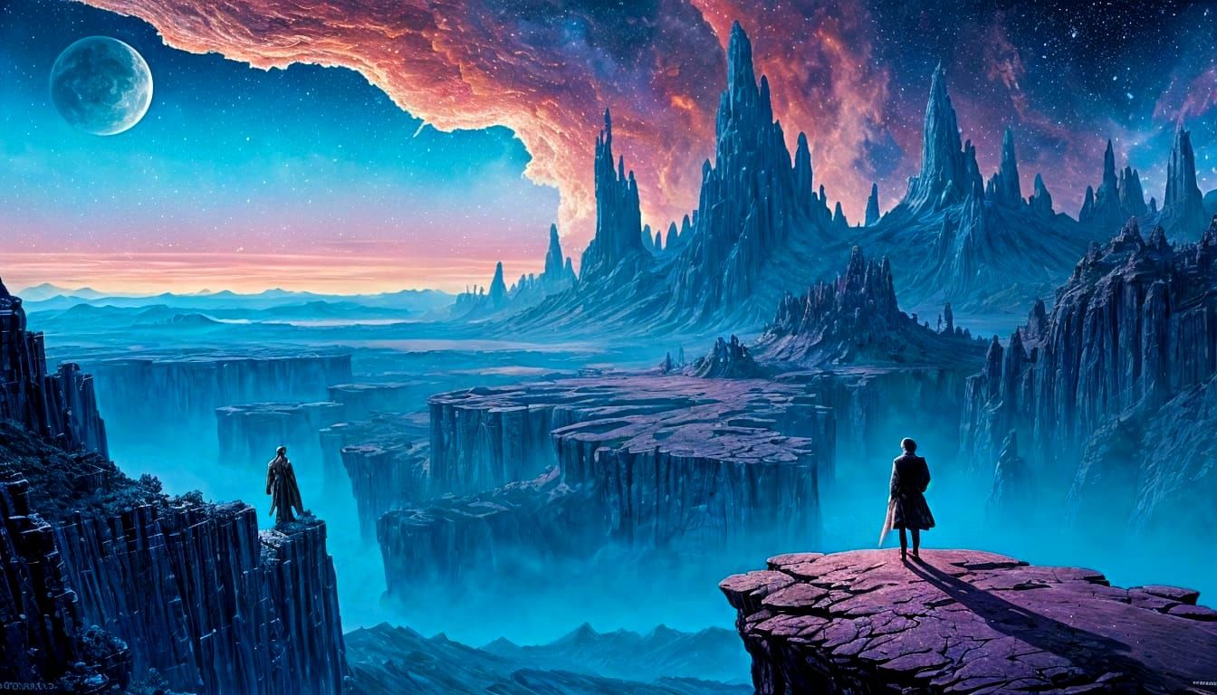 Ethereal Figure Overlooking Nebula Sky and Crystal Village