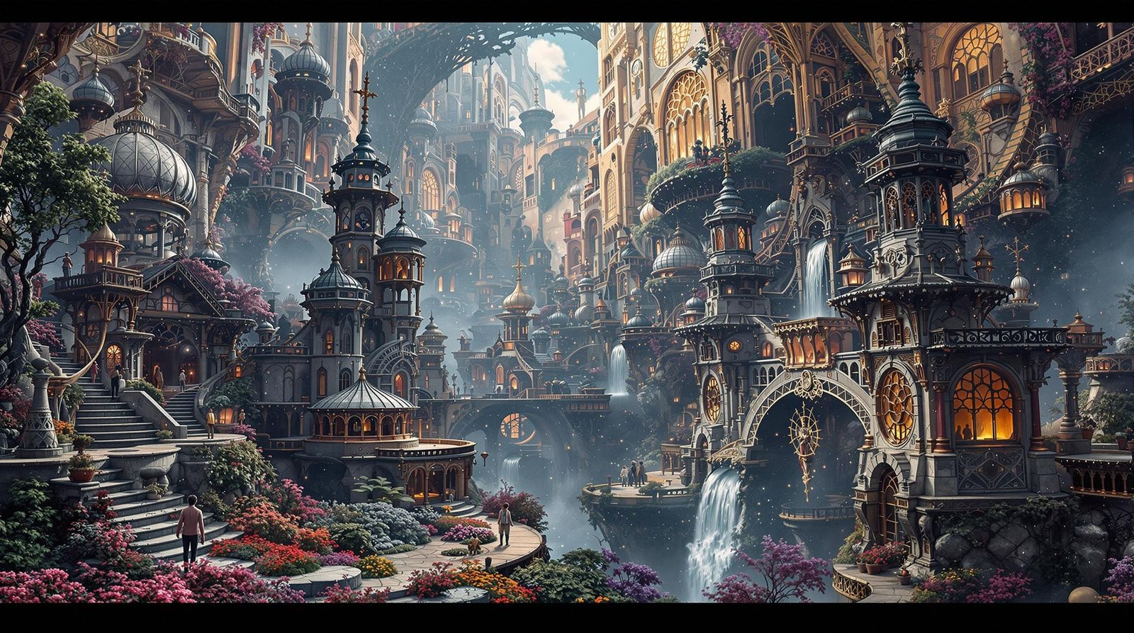 Dreamlike Fractal Landscape with Art Deco Architecture