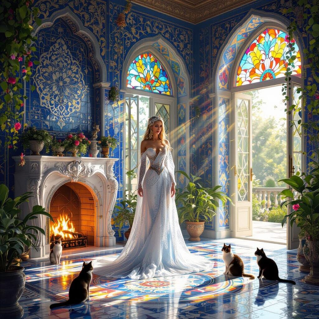 Ice Goddess in Sunlit Opulent Vintage Interior