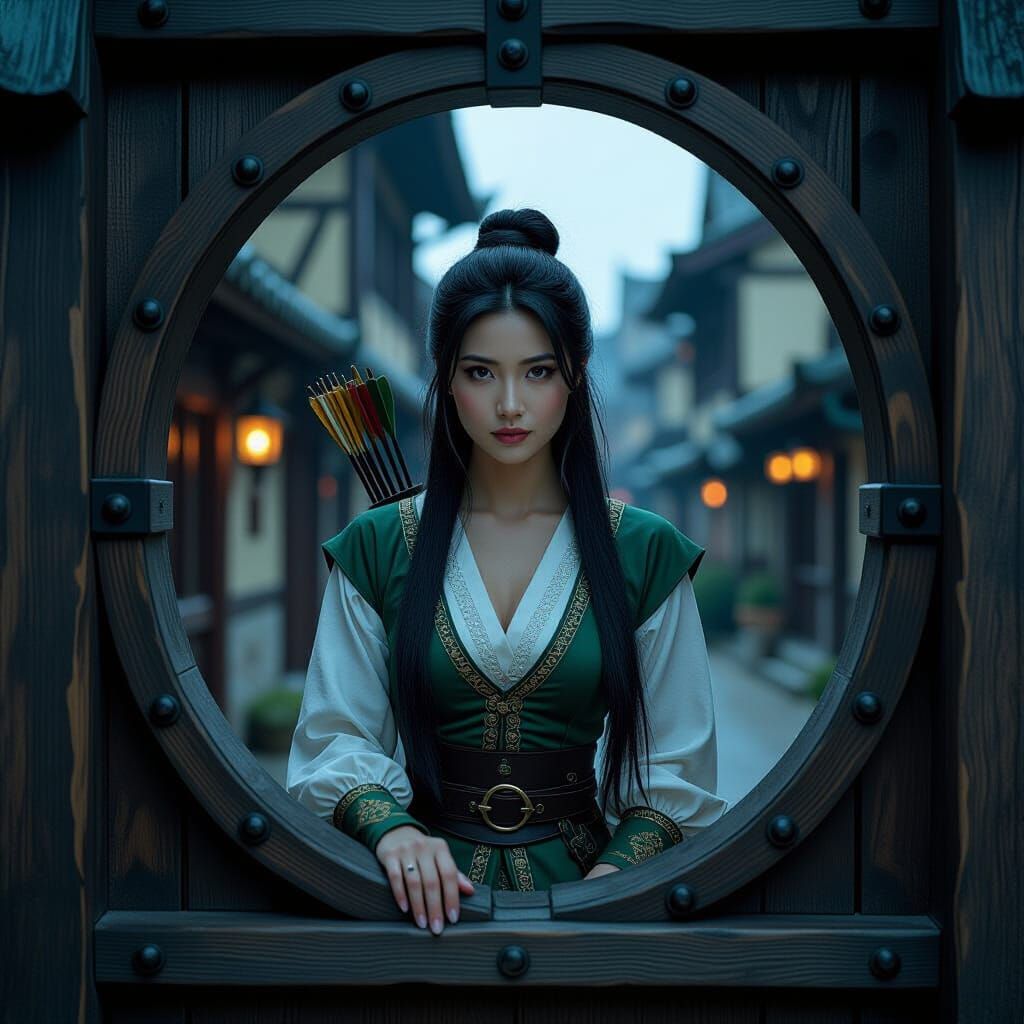 Asian Robin Hood Peeks Through Keyhole: Cinematic Film Still