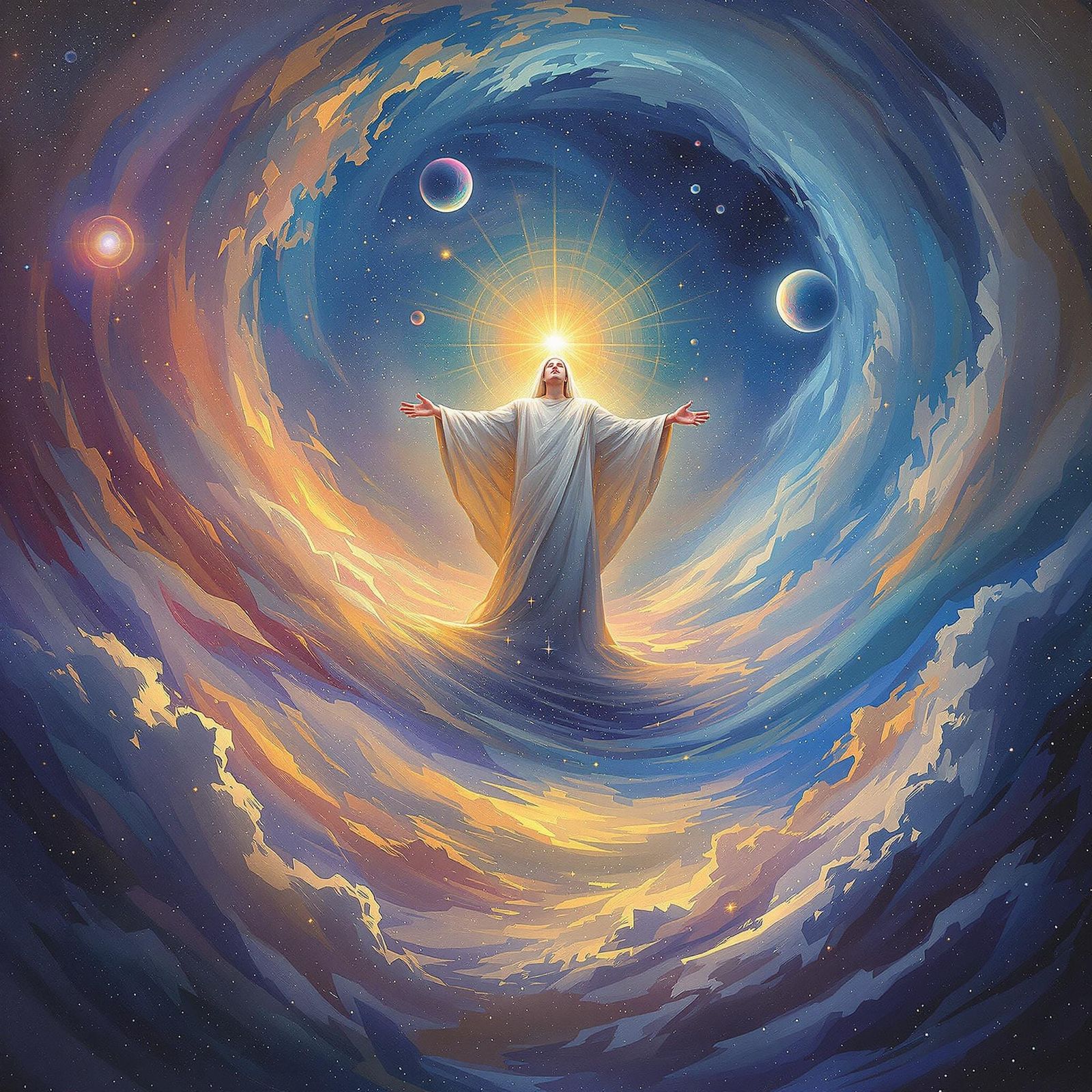 Ethereal God in Cosmic Abstract Expressionist Landscape