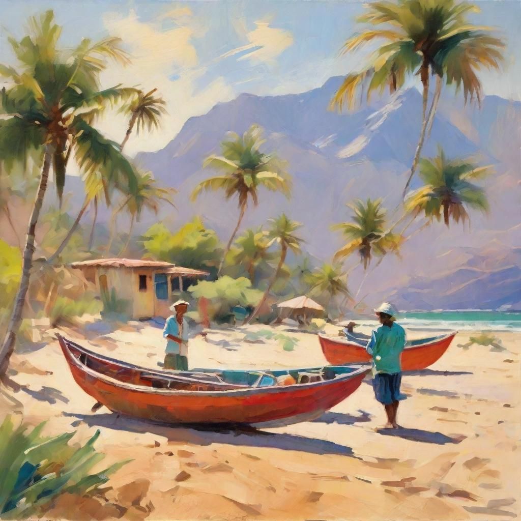 Fisherman's Return: Impressionist Gouache Painting in Fauvis...