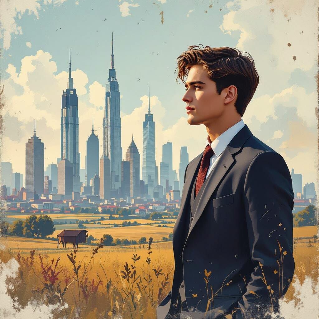 Nostalgic Cityscape with Rural Landscape Overlay