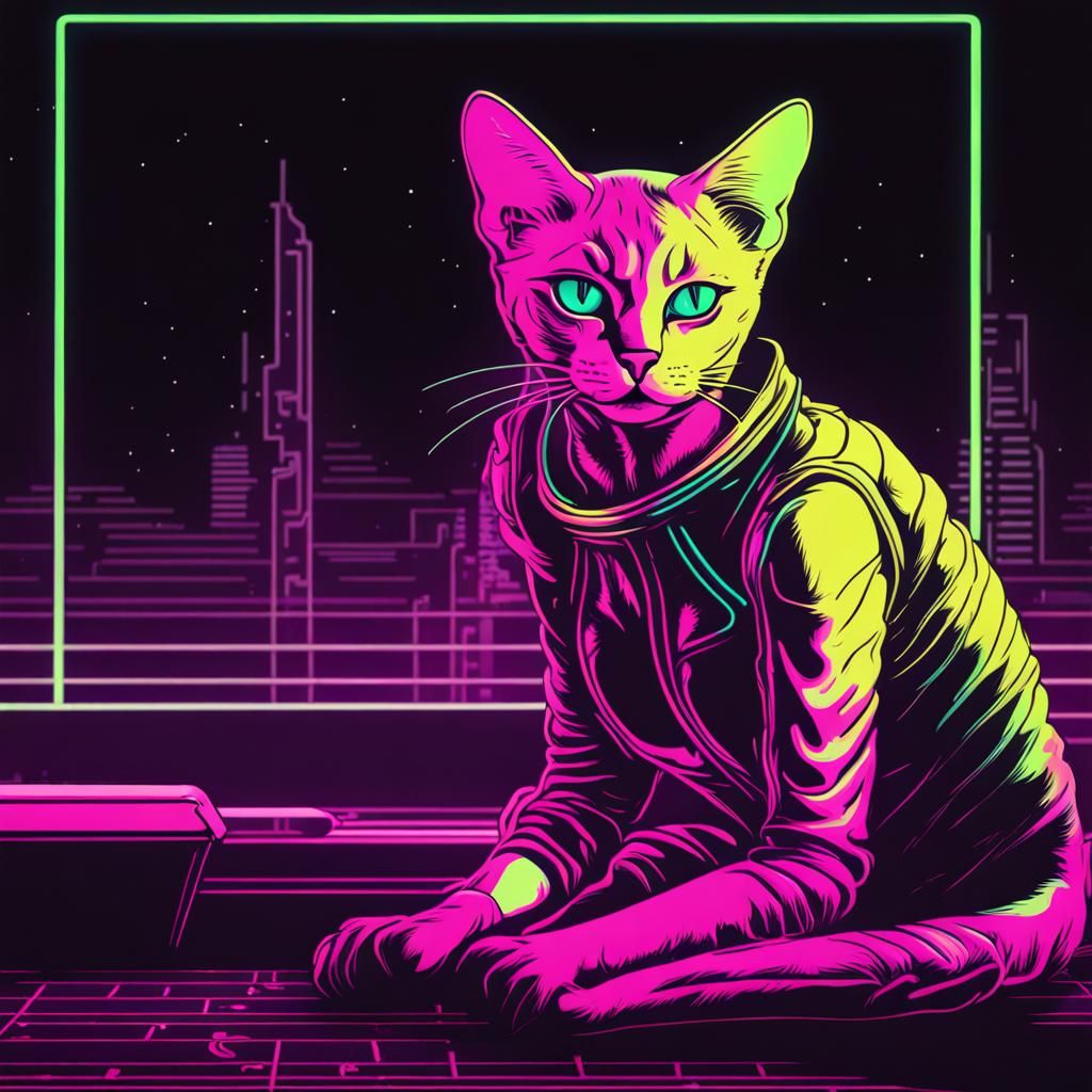 Synthwave Cat Alien in Neon Retro Style