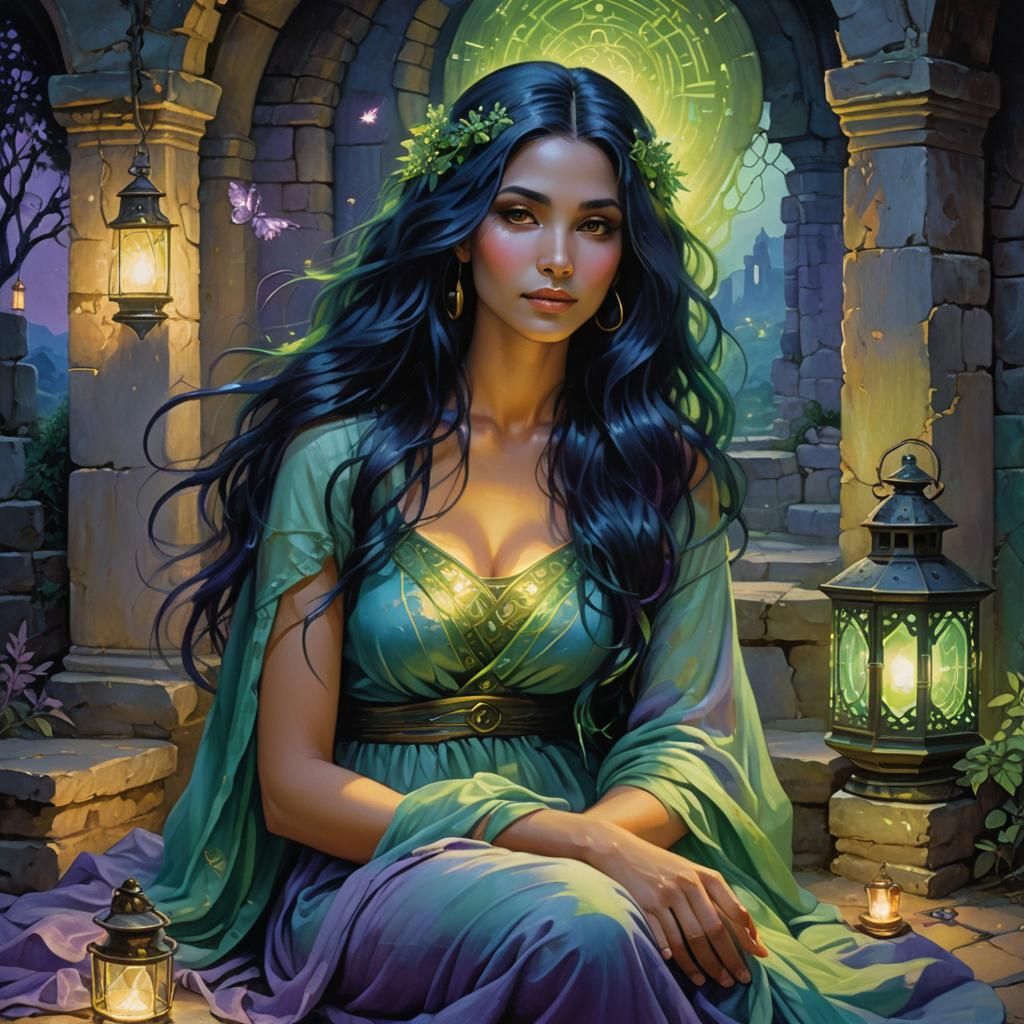 Ethereal Woman with Lantern Lights, Oil Painting