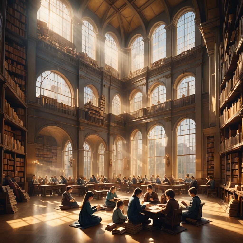 Surreal Renaissance Library Scene in Grand Golden Light