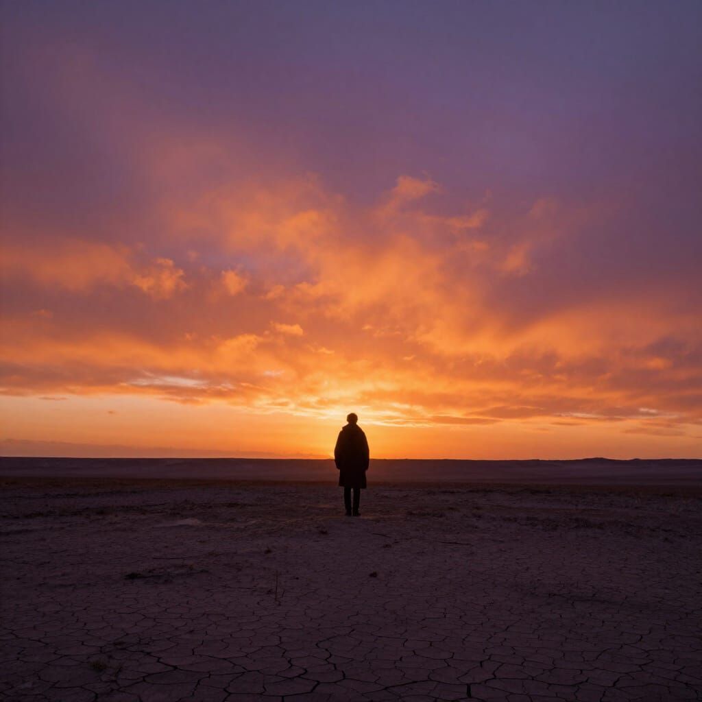 Resilient Figure on Windswept Plateau at Dawn