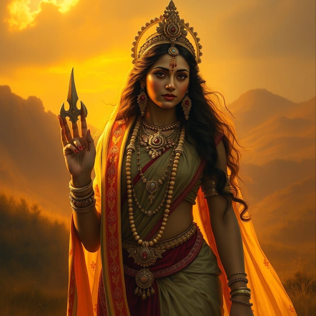 Parvati in Traditional Attire, Oil Painting Style