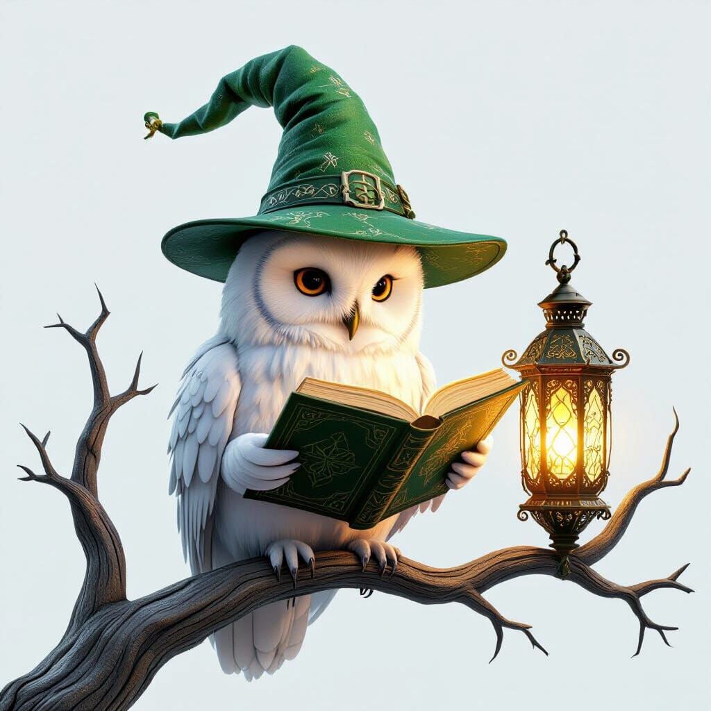 Fantasy Owl Reads Magic Book on Branch in 3D Render
