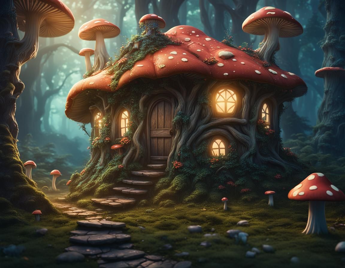 Fairy Wood Home with Magic Mushrooms, Matte Painting