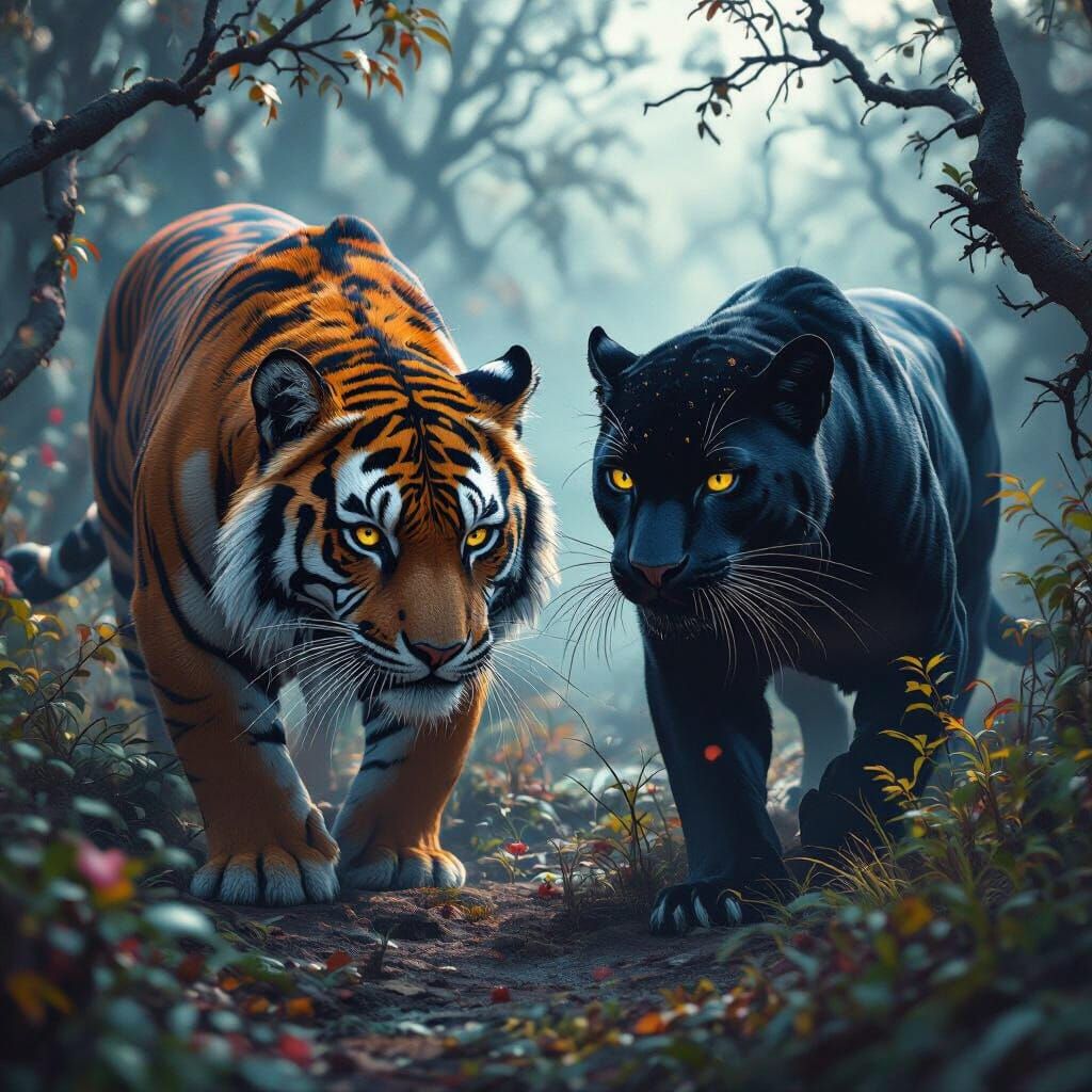 Tiger and Panther Stalking in Mystical Atmosphere