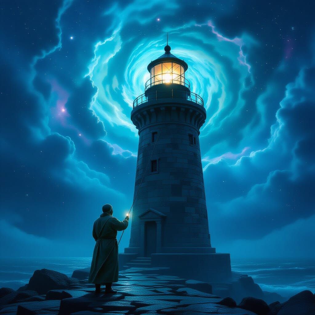 Lighthouse Keeper Tends Lamp Amidst Cosmic Nebula