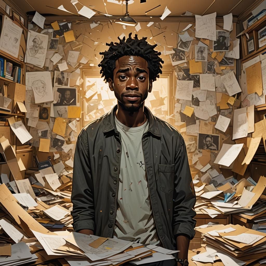 Conspiratorial Grin: Black Man in Chaotic Room