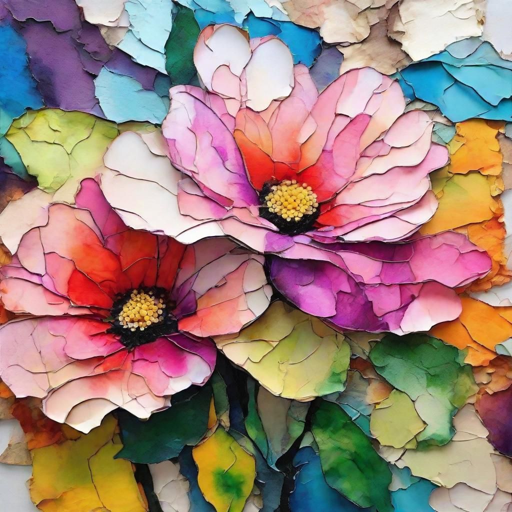 Colorful Torn Paper Flower Collage in Art Deco Style