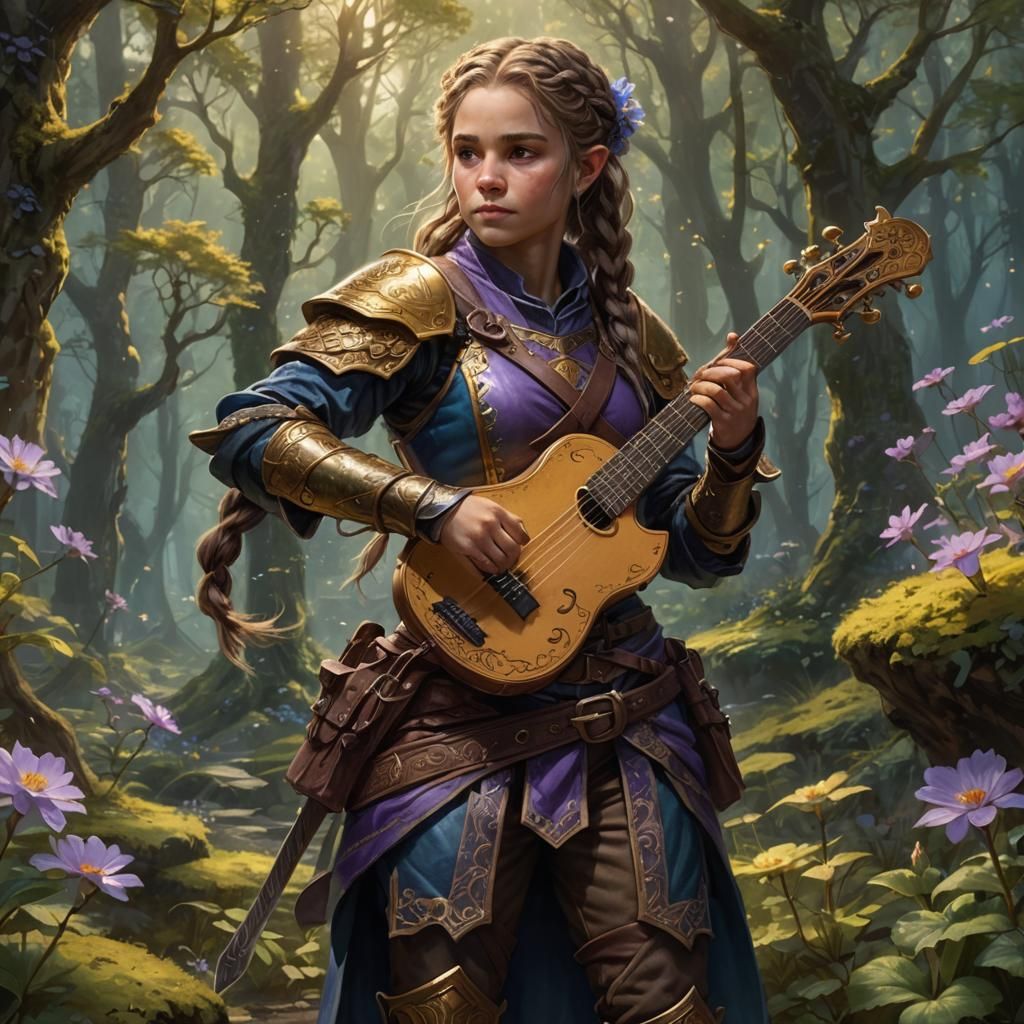 Halfling Bard in Forest: Detailed Matte Painting