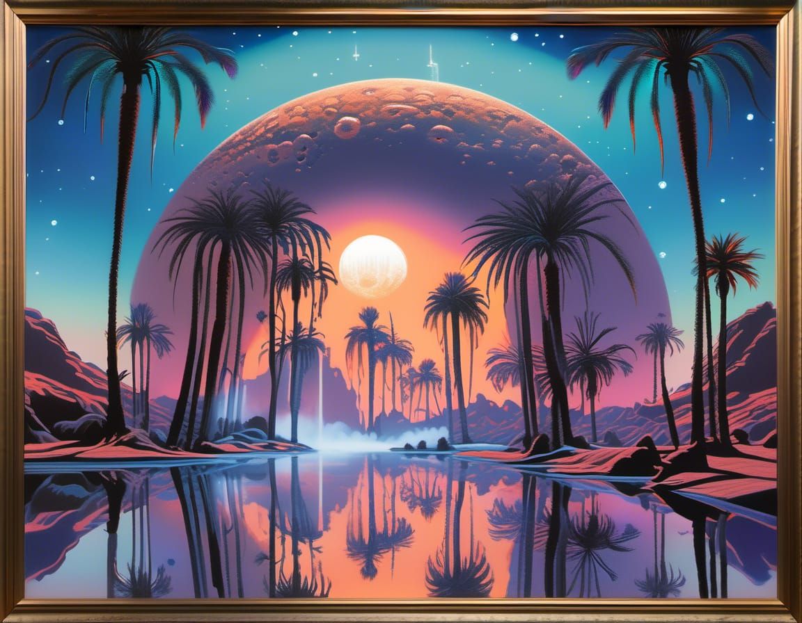 Desert Oasis Sanctuary Under Bioluminescent Moon