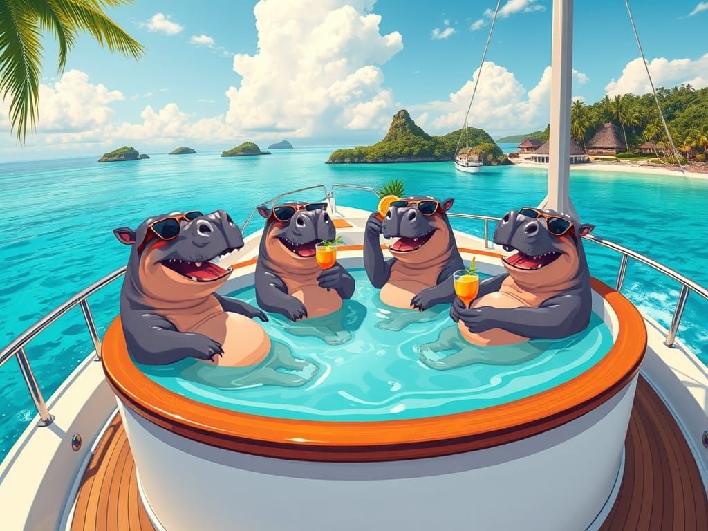 Hippos on a Yacht: A Cartoon Vacation Scene