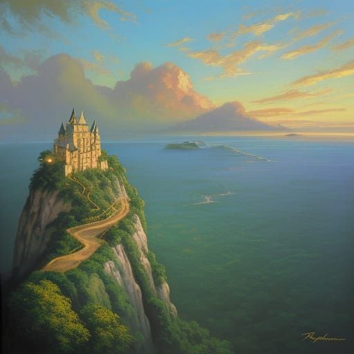 Idyllic Castle Overlooks Jungle in Impressionist Style