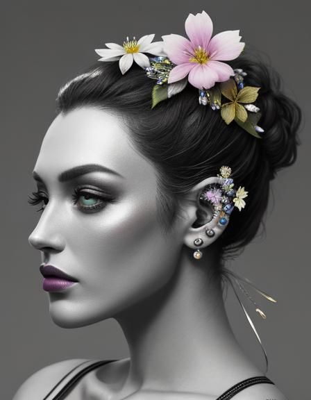 Ear Piercing with Multicolor Metal Flowers