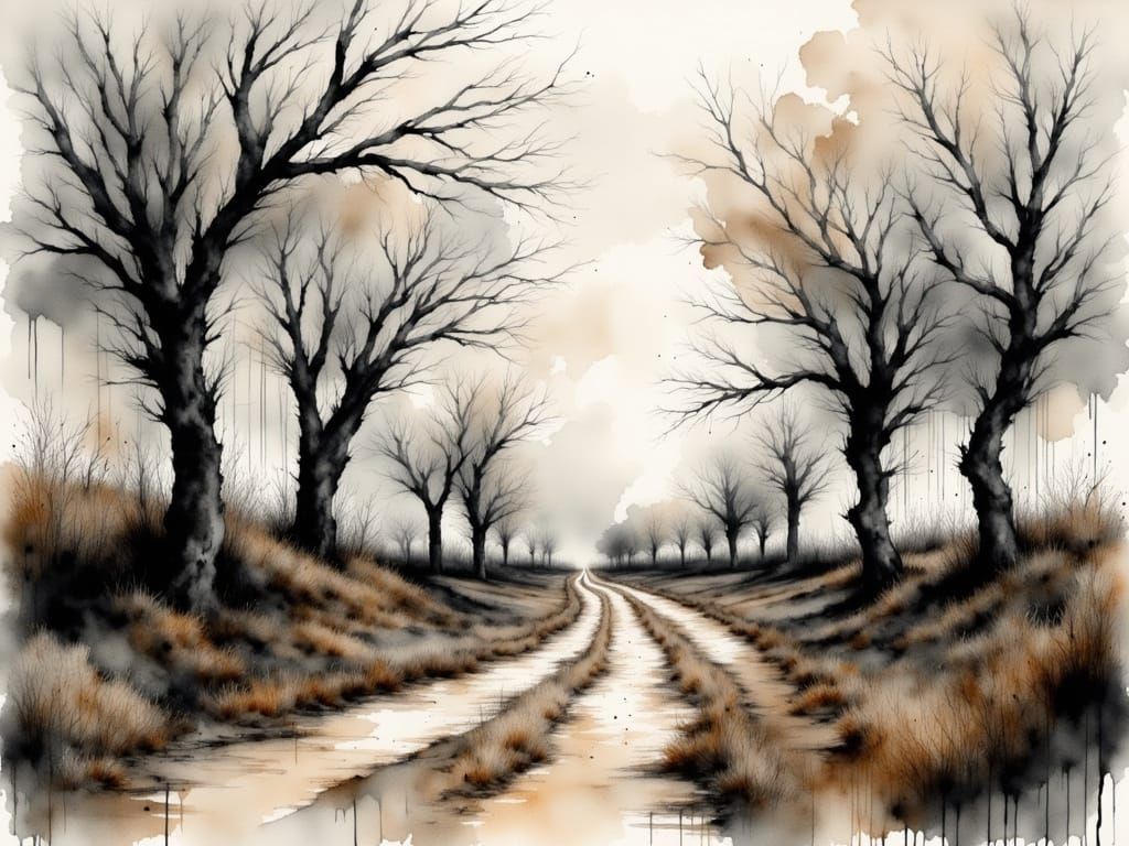 Moody Deserted Dirt Road in Charcoal and Watercolor