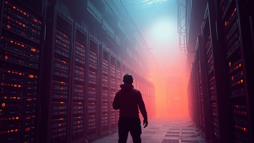 Cryptocurrency Miner in a Grand, Dimly Lit Mine