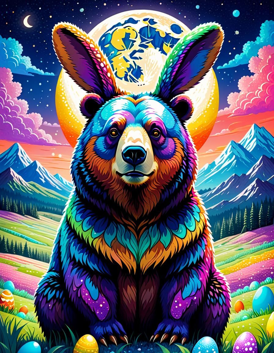 a Bear wearing Easter bunny ears | and the moon; in the styl...