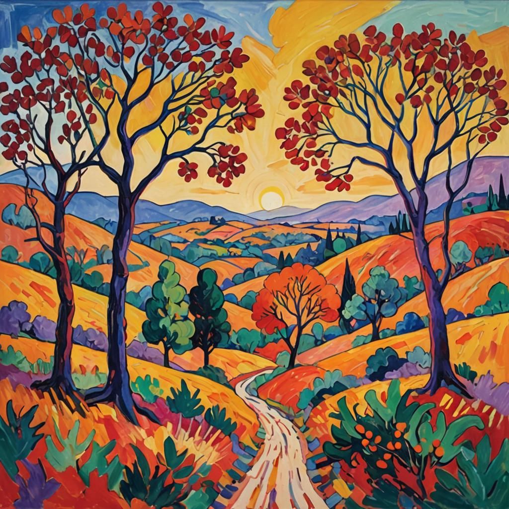 Vivid Fauvist Autumn Landscape in Henri Matisse Style