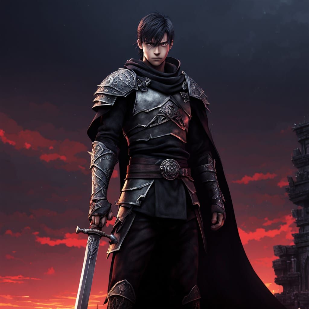 Dark Fantasy Warrior with Glowing Sword, Anime Style