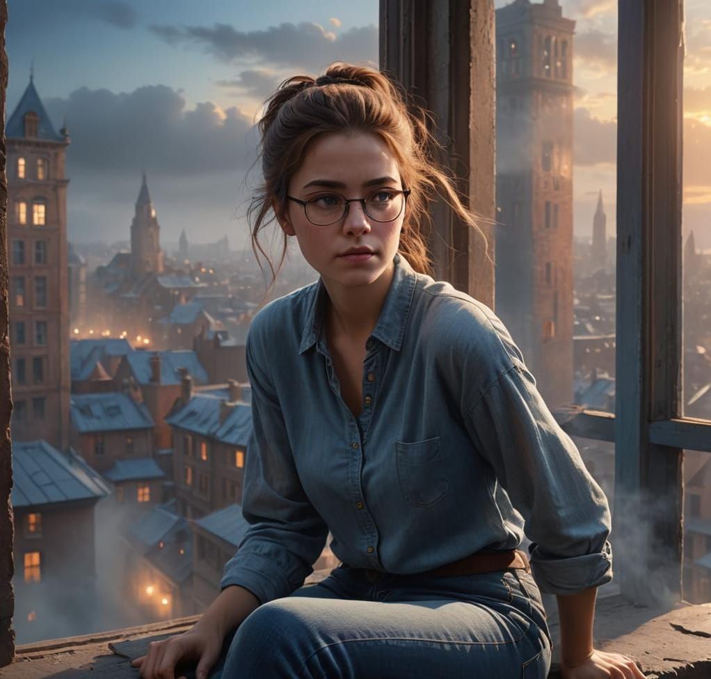 Gabrielle Stevens on a Window Ledge in Matte Painting Style