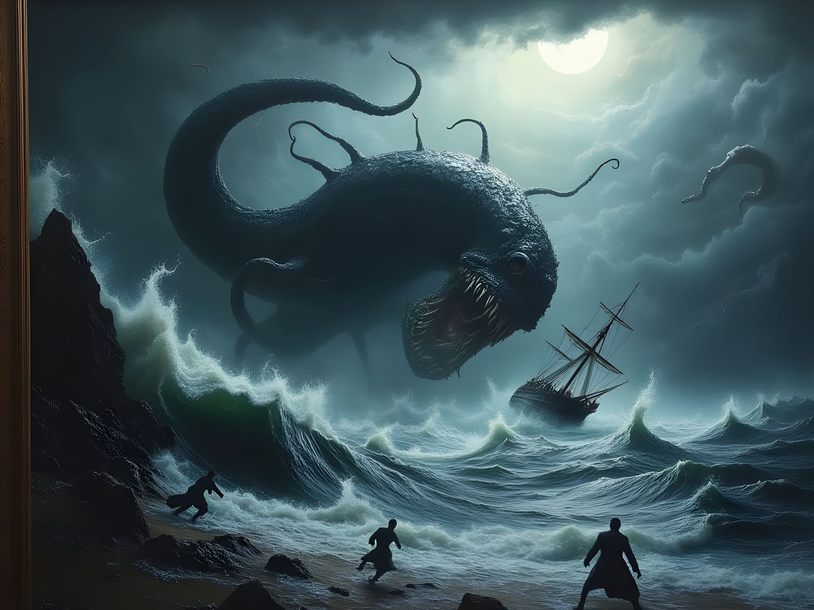 Gigantic Kraken Surfaces from Moonlit Sea in Oil Painting
