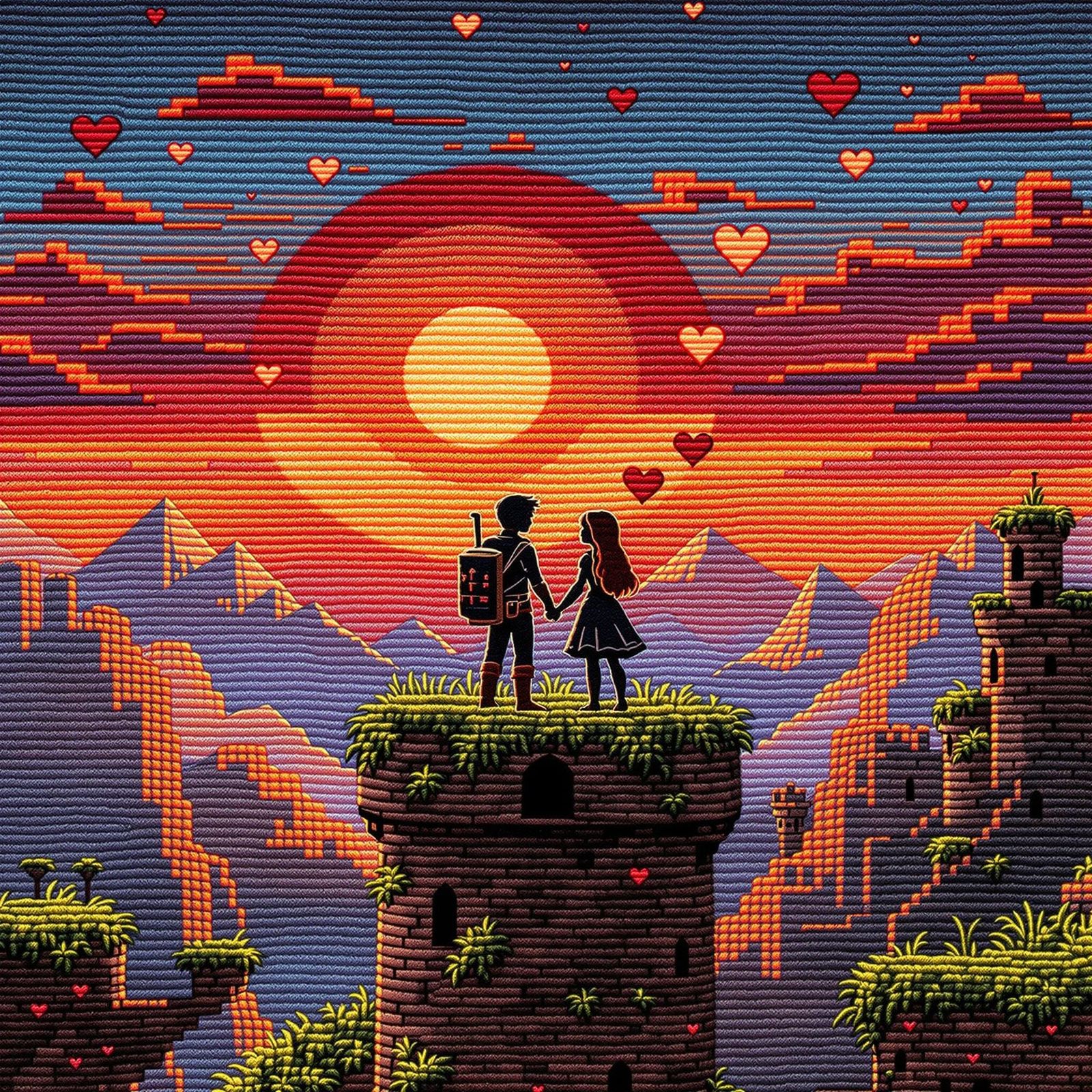 Pixelated Adventurers Embrace at Sunset: Kitsch Pixel Art