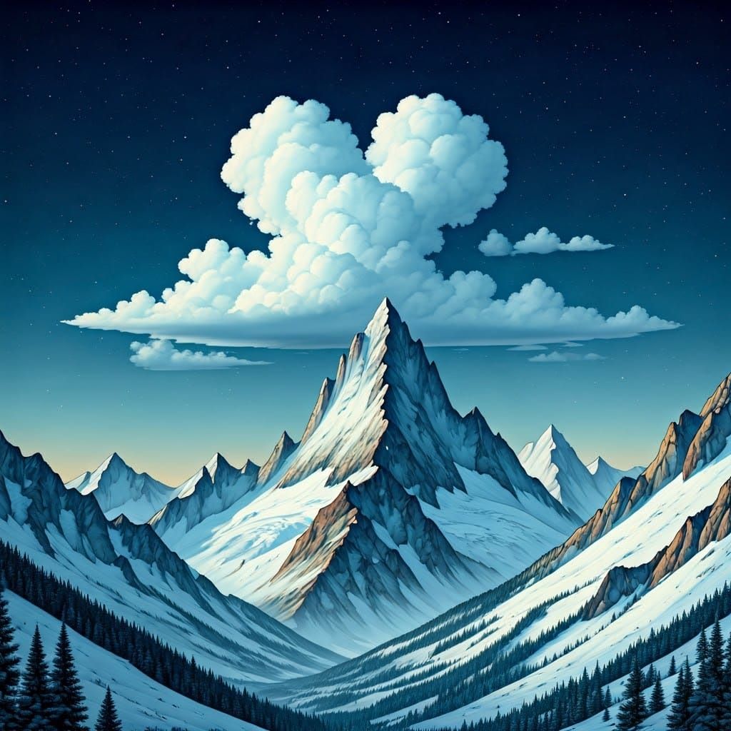 Dreamlike Mountainscape with Heart-Shaped Cloud