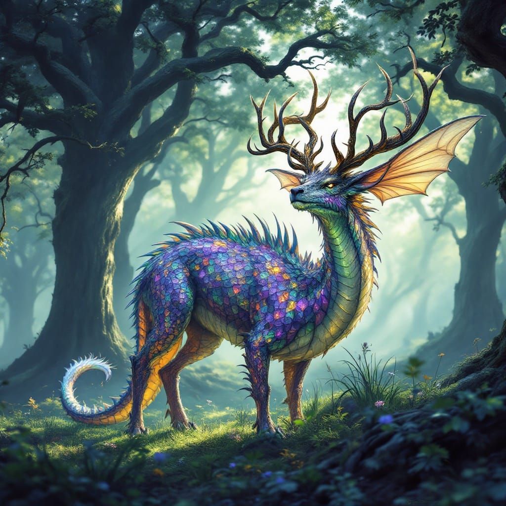 Dragon Deer Hybrid in Iridescent Scales and Elven Woods