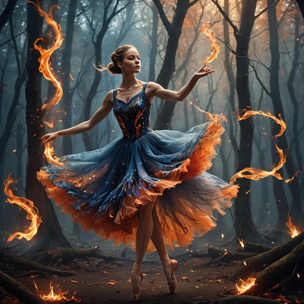 Fiery Ballerina Dress in Mystical Forest: Fantasy Art