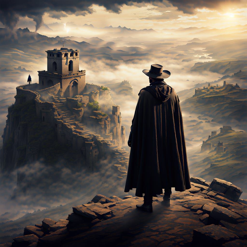 Lone Ranger Overlooking Misty Valleys in Fantasy Realism