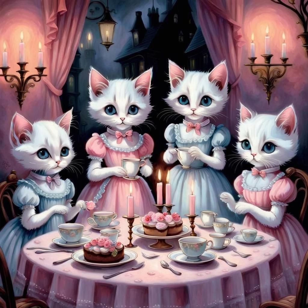 Kittens at Candlelit Dinner in Victorian Gothic Style