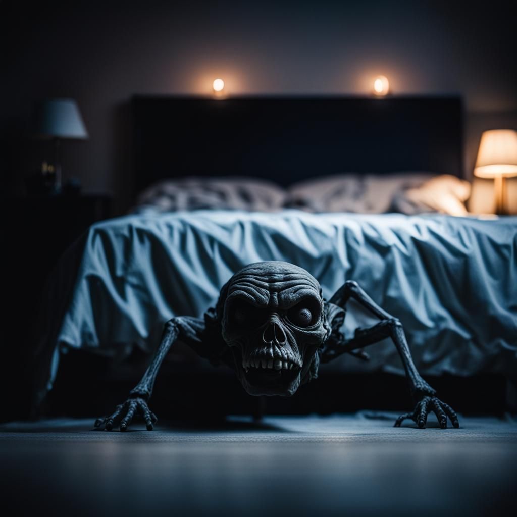 Nightmare Entity Hiding Under Bed, Dark Photo